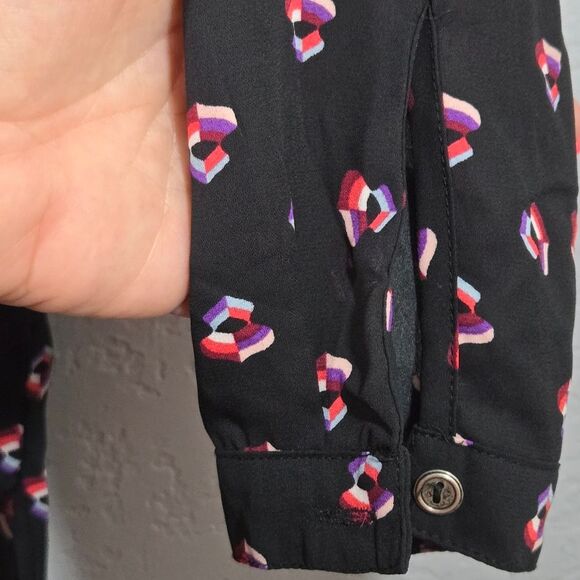 Gianni Bini Black Chiffon Button Down Long Sleeve Tunic Geometric Pattern Blouse - Picture 8 of 11